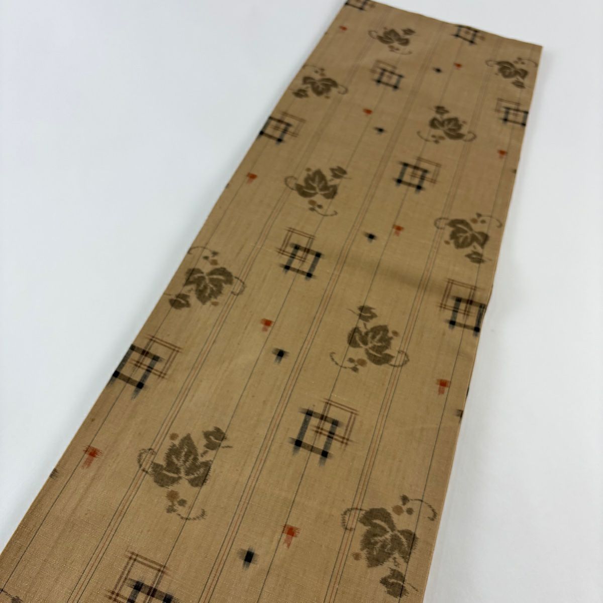 【美品】 袋帶 秀品級 紬織織 葉與果 幾何圖案 淺茶 深色 全通 純蠶絲