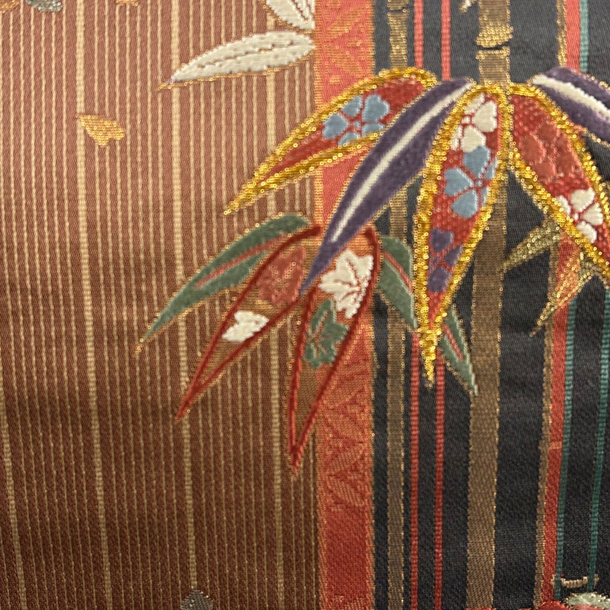 袋帶 秀品級 鈴乃屋 笹 櫻花 刺繡 金金箔 紅茶 六通 純蠶絲