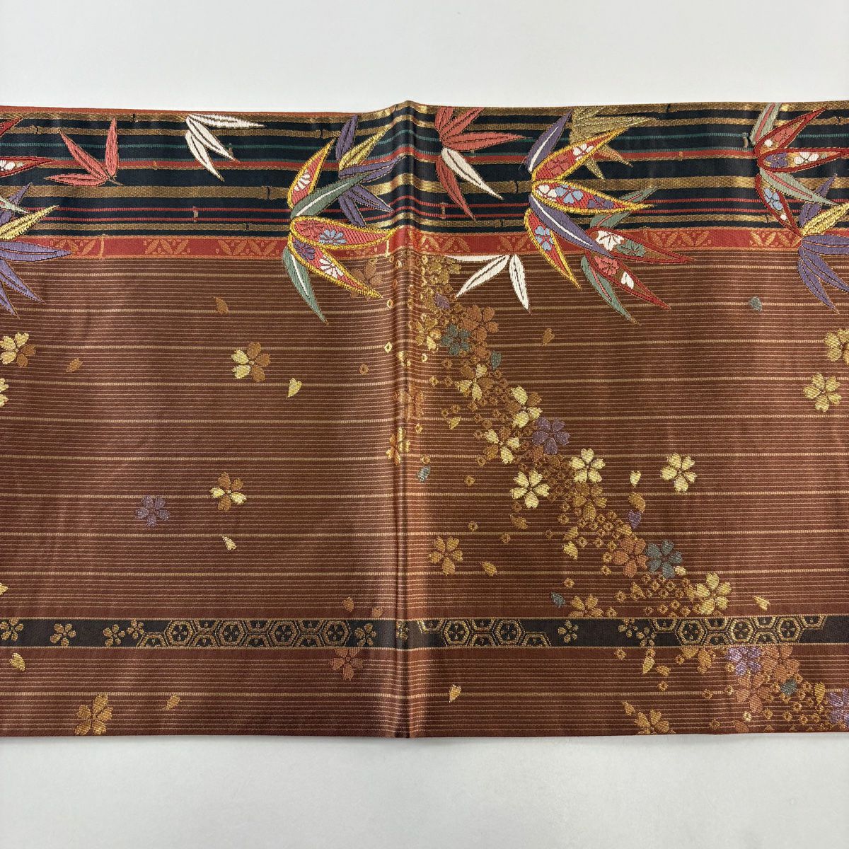 袋帶 秀品級 鈴乃屋 笹 櫻花 刺繡 金金箔 紅茶 六通 純蠶絲