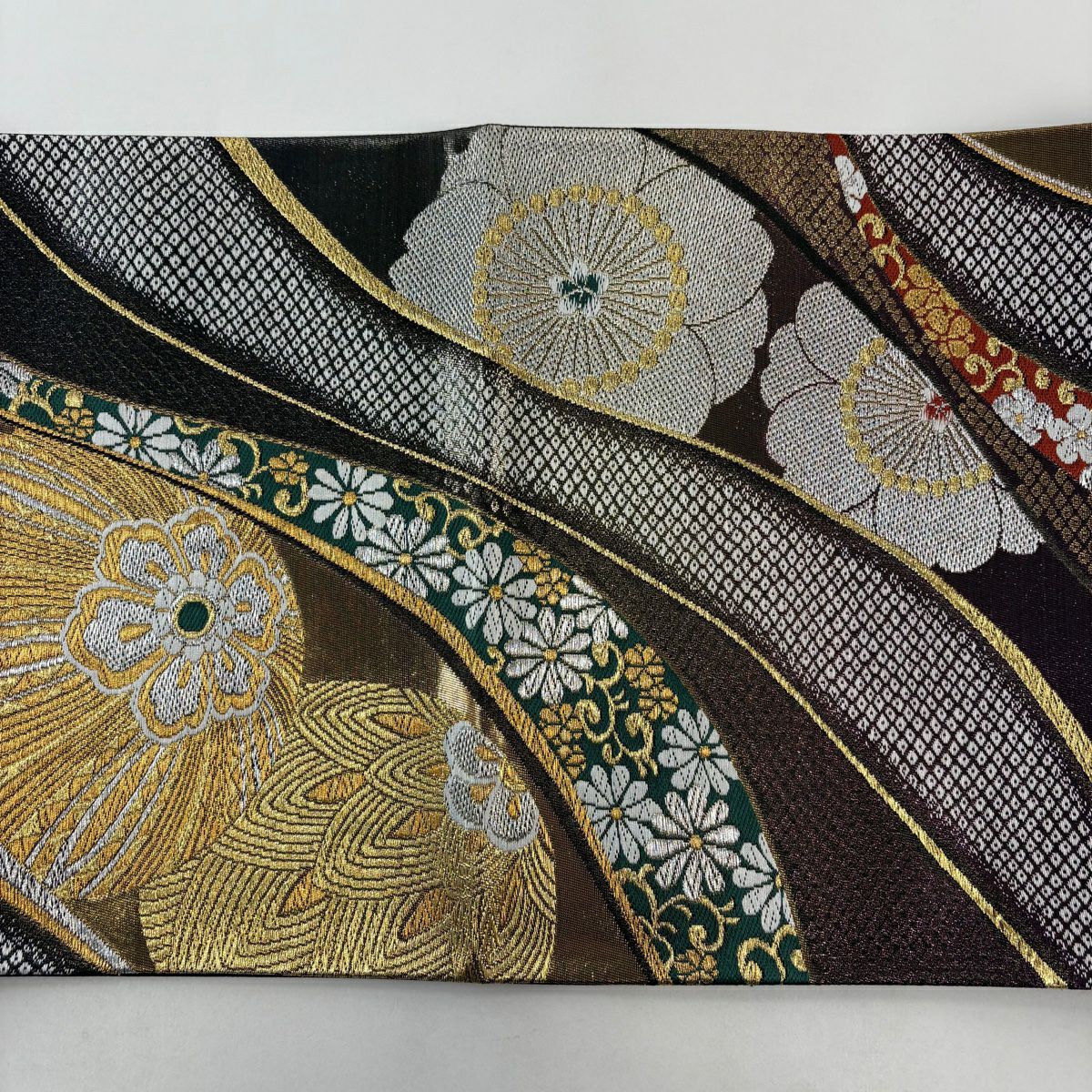 【美品】 袋帶 秀品級 手鞠 花唐草紋 金銀彩 刺繡 紫 六通 純蠶絲