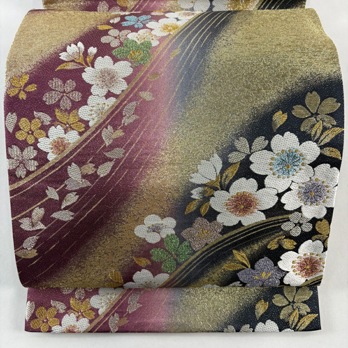 【美品】 袋帶 秀品級 大和 櫻花花瓣 刺繡 金銀彩 紅紫 六通 純蠶絲