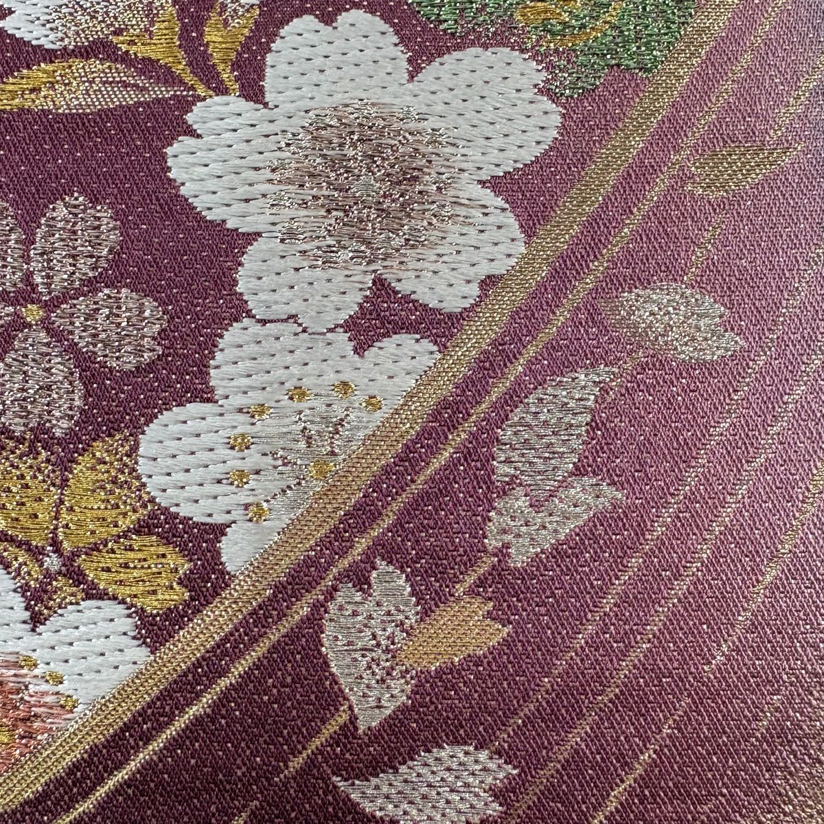 【美品】 袋帶 秀品級 大和 櫻花花瓣 刺繡 金銀彩 紅紫 六通 純蠶絲