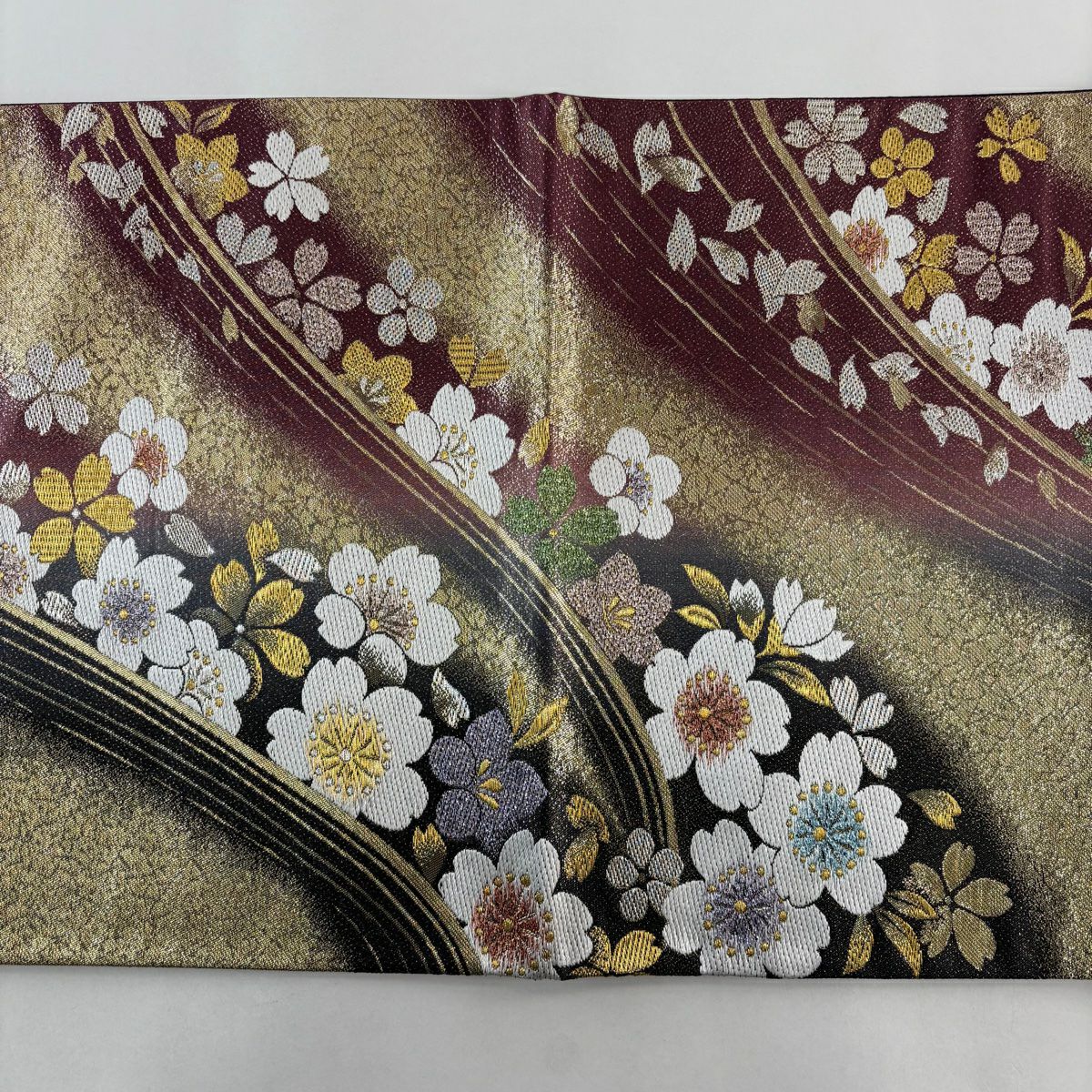 【美品】 袋帶 秀品級 大和 櫻花花瓣 刺繡 金銀彩 紅紫 六通 純蠶絲