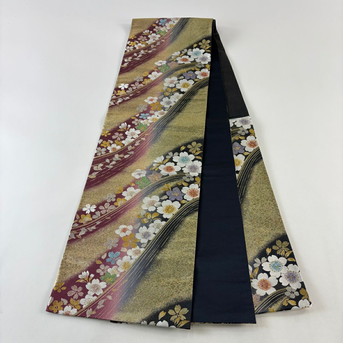 【美品】 袋帶 秀品級 大和 櫻花花瓣 刺繡 金銀彩 紅紫 六通 純蠶絲