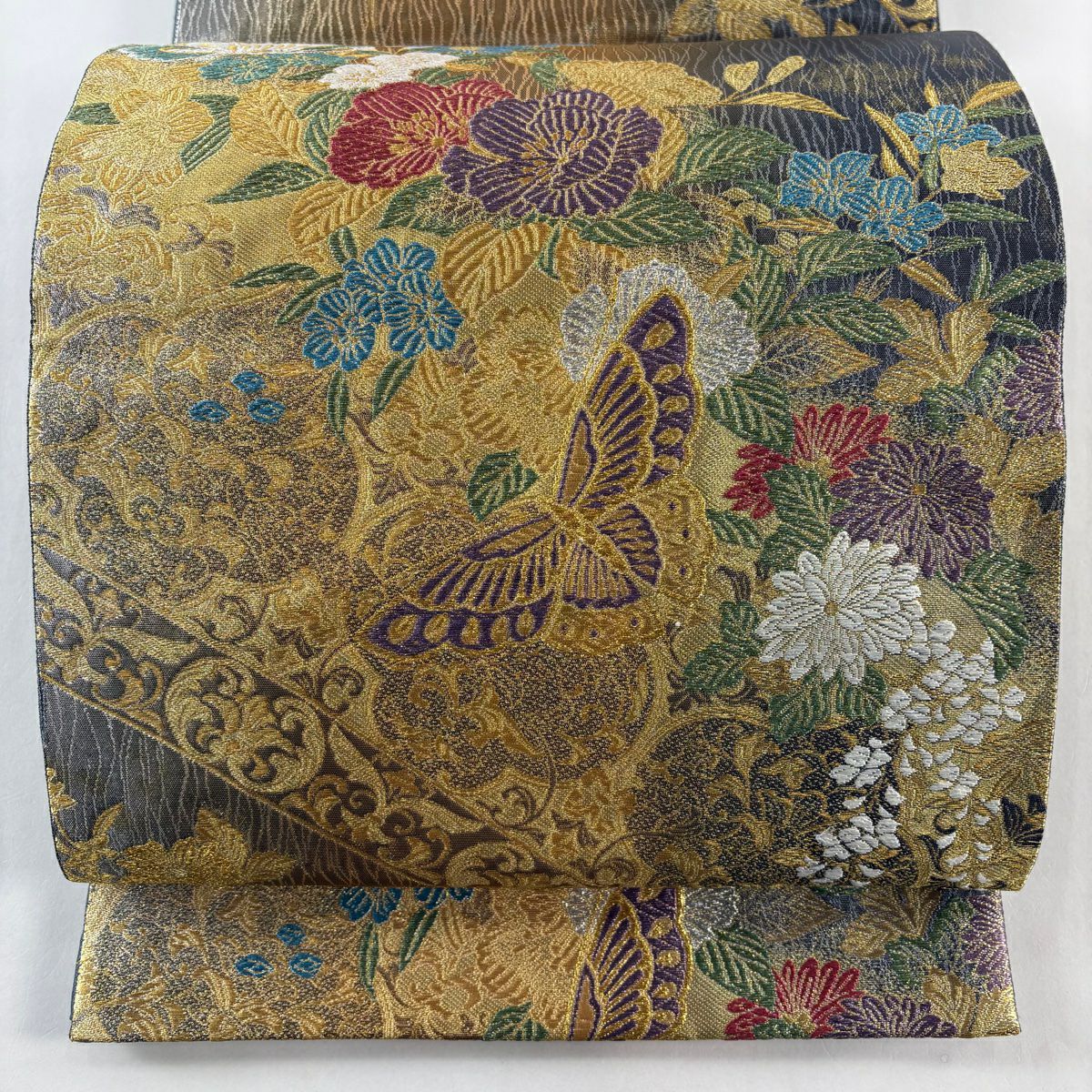 【美品】 袋帶 秀品級 長尺織 西陣 蝶 草花紋 金銀糸 金金箔 金色 六通 純蠶絲