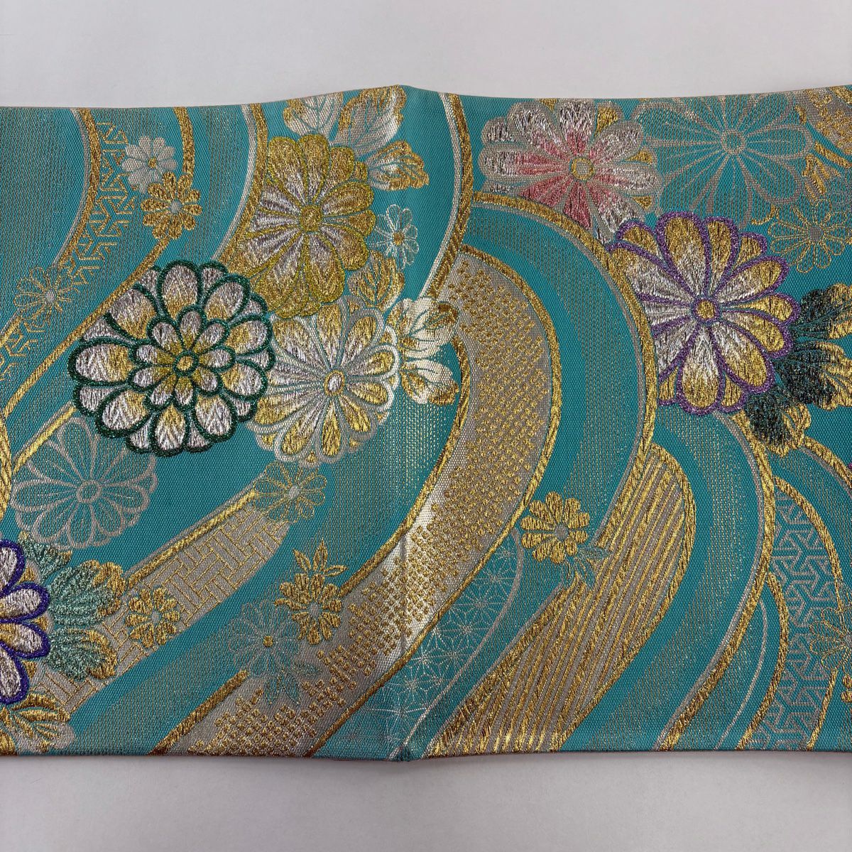 【美品】 袋帶 秀品級 菊花 波 金銀絲 金金箔 青綠 六通 純蠶絲