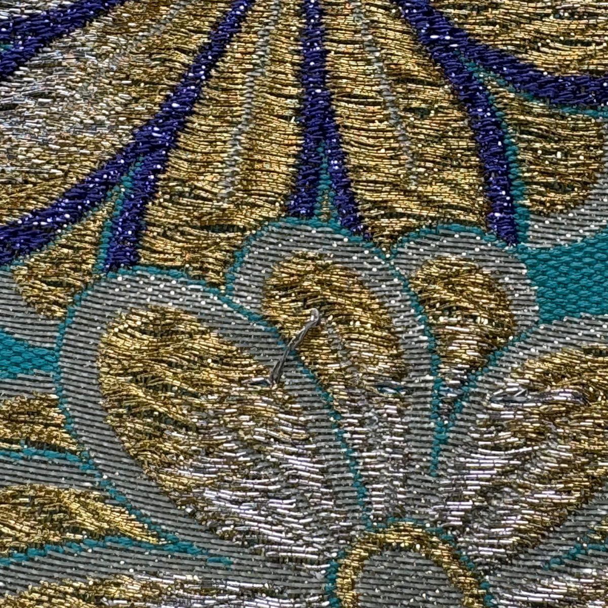 【美品】 袋帶 秀品級 菊花 波 金銀絲 金金箔 青綠 六通 純蠶絲