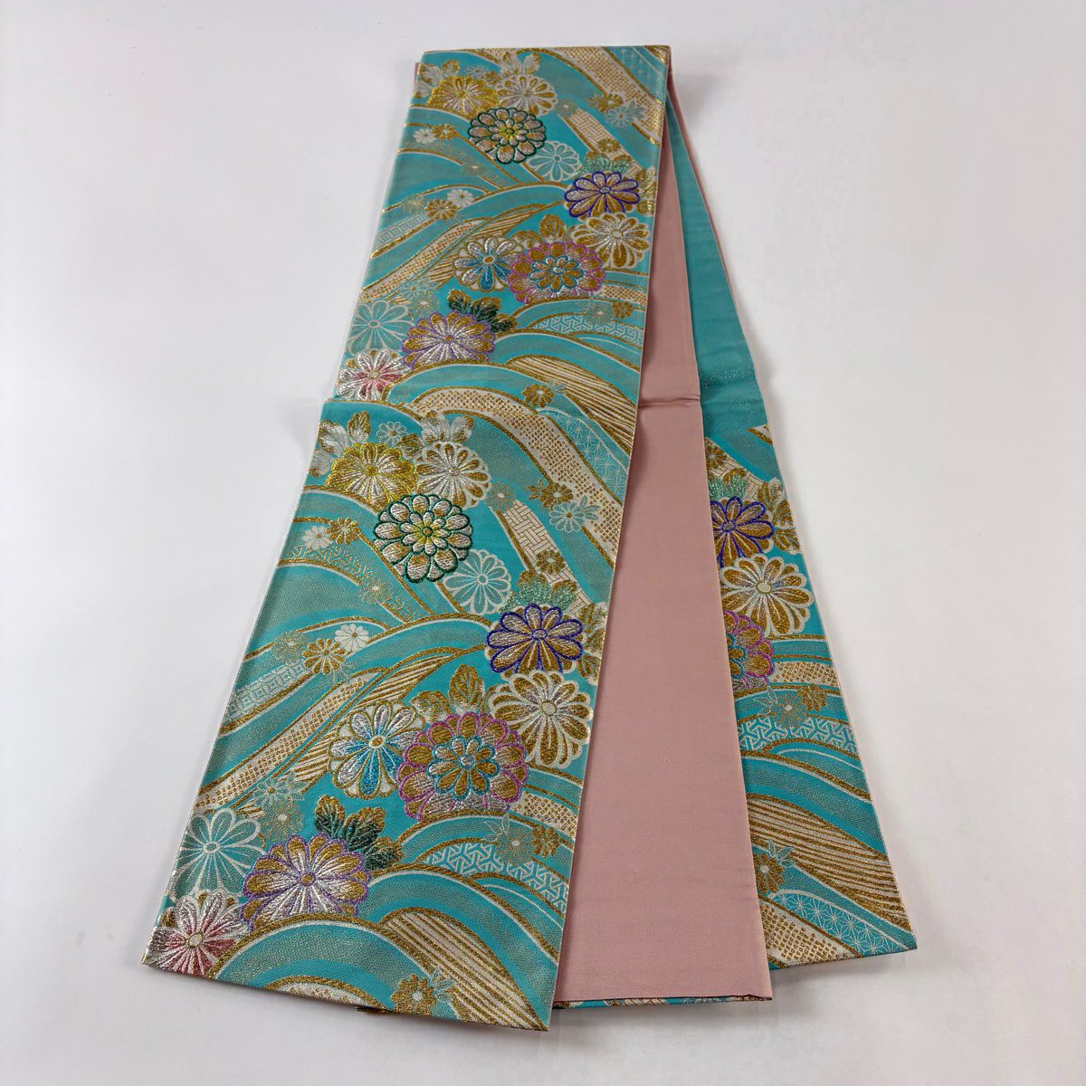 【美品】 袋帶 秀品級 菊花 波 金銀絲 金金箔 青綠 六通 純蠶絲