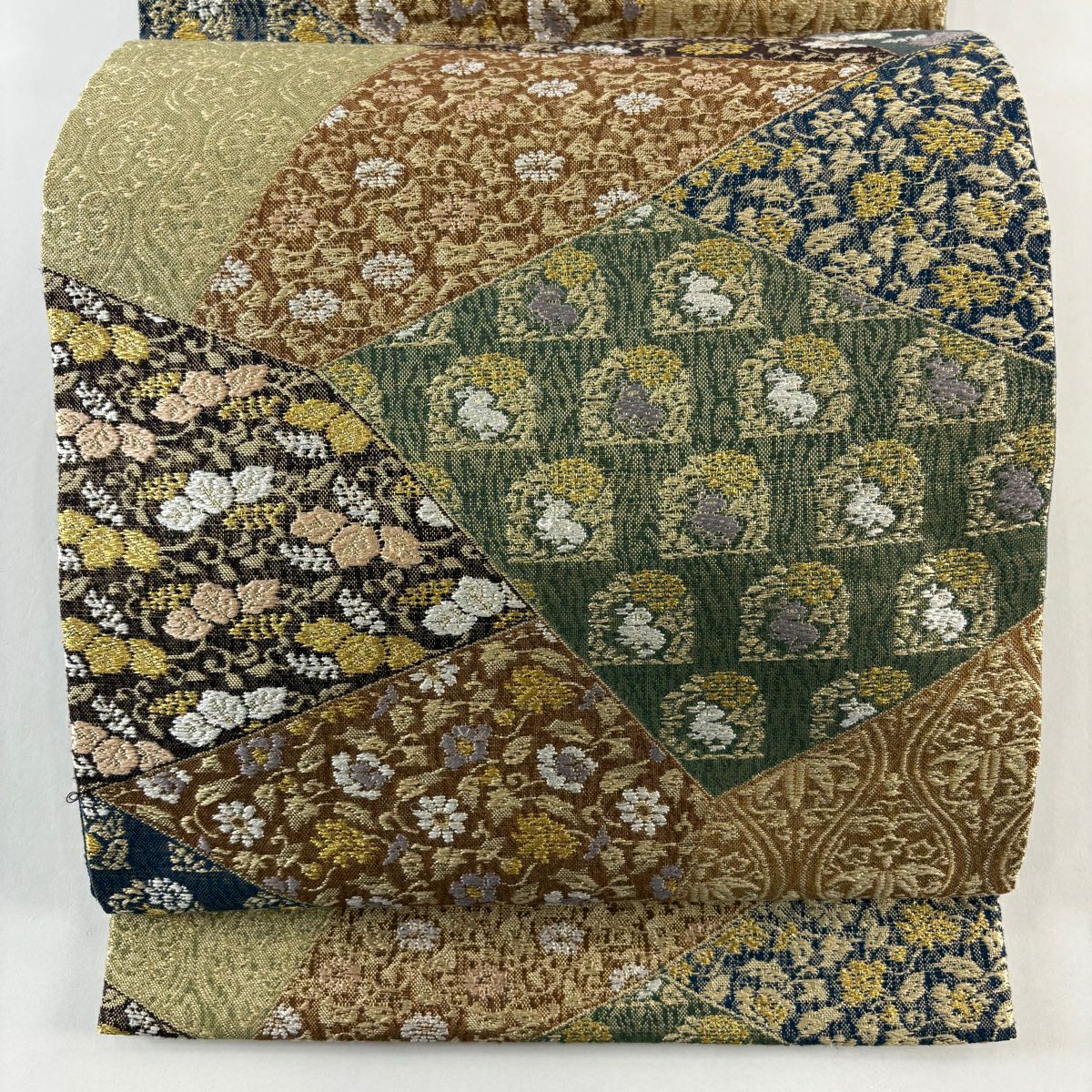 袋帶 秀品級 裂取正倉院文 草花紋刺繡 金線 茶 六通 純蠶絲