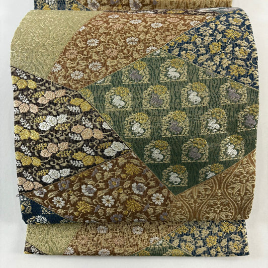 袋帶 秀品級 裂取正倉院文 草花紋刺繡 金線 茶 六通 純蠶絲