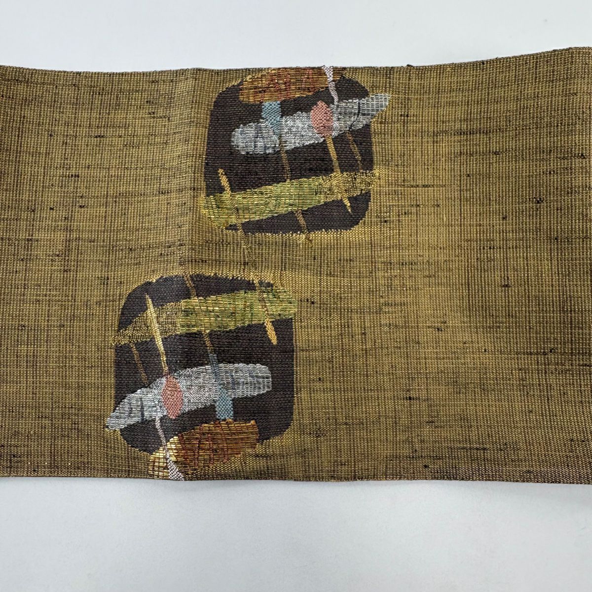 【美品】 袋帶 秀品級 幾何圖案 金銀彩 黃土色 大鼓圖案 純蠶絲