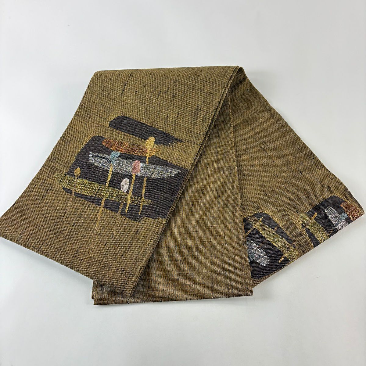 【美品】 袋帶 秀品級 幾何圖案 金銀彩 黃土色 大鼓圖案 純蠶絲