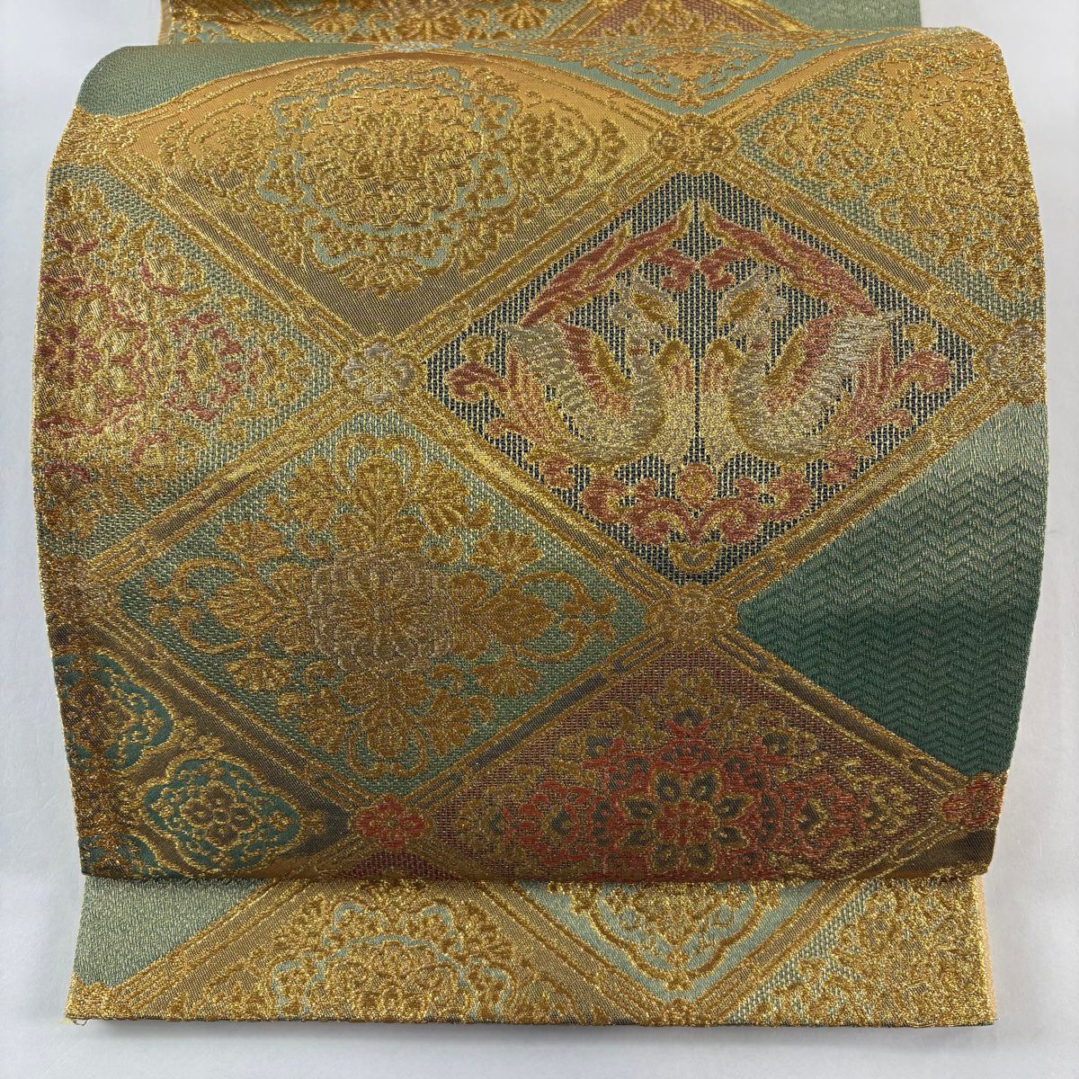 【美品】 袋帶 秀品級 瑞寶吉祥錦 向鳥 華紋 金銀彩 金金箔 淺綠 六通 純蠶絲