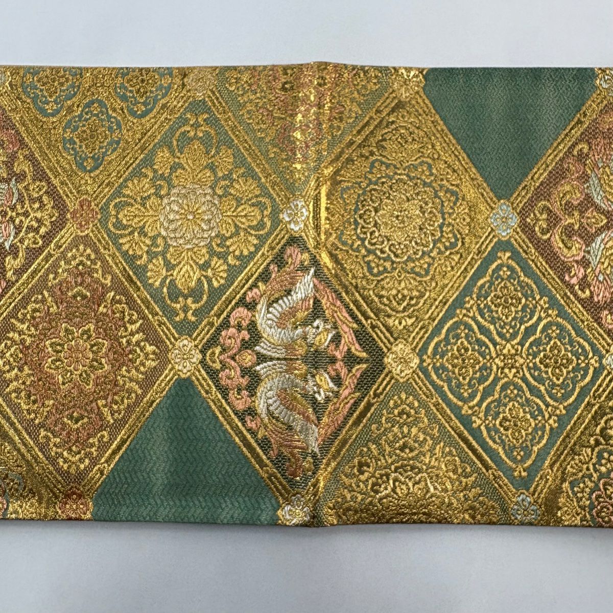 【美品】 袋帶 秀品級 瑞寶吉祥錦 向鳥 華紋 金銀彩 金金箔 淺綠 六通 純蠶絲