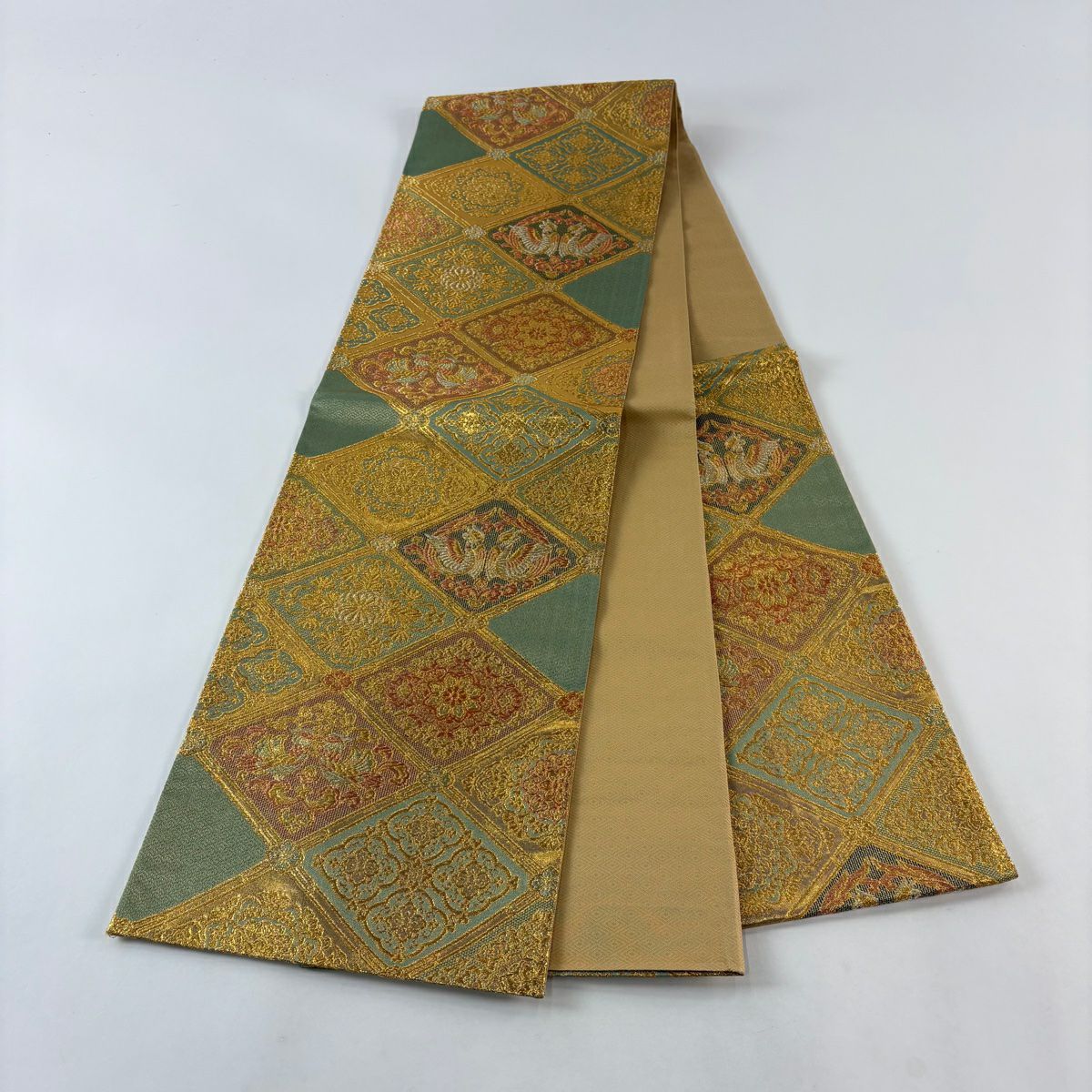 【美品】 袋帶 秀品級 瑞寶吉祥錦 向鳥 華紋 金銀彩 金金箔 淺綠 六通 純蠶絲