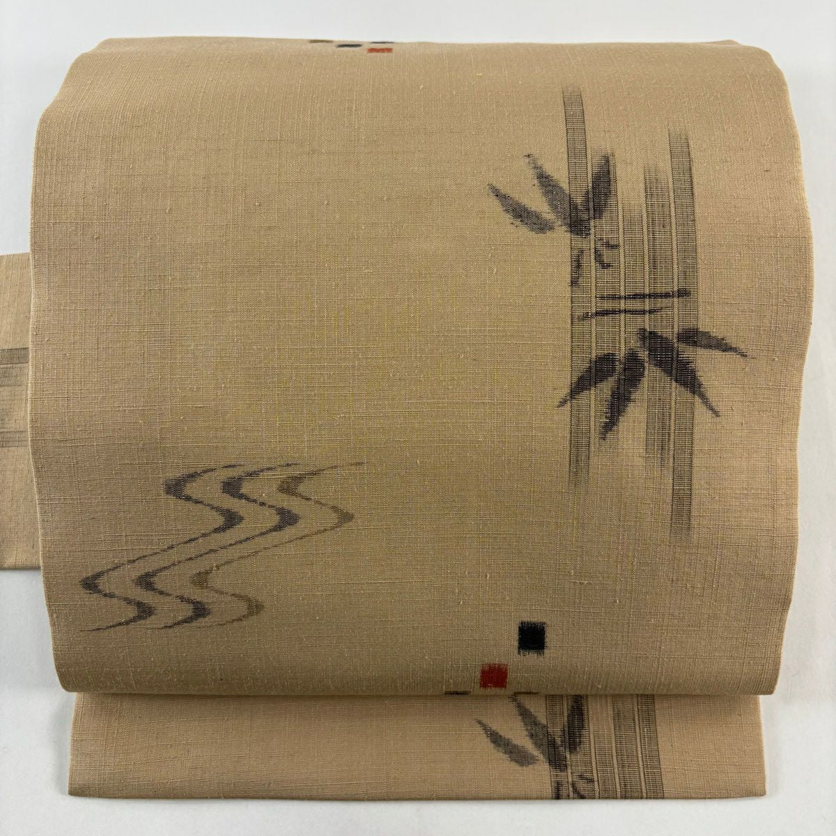 【美品】名古屋帶 優品級 紬織織 竹子子 流水 薄茶 純蠶絲