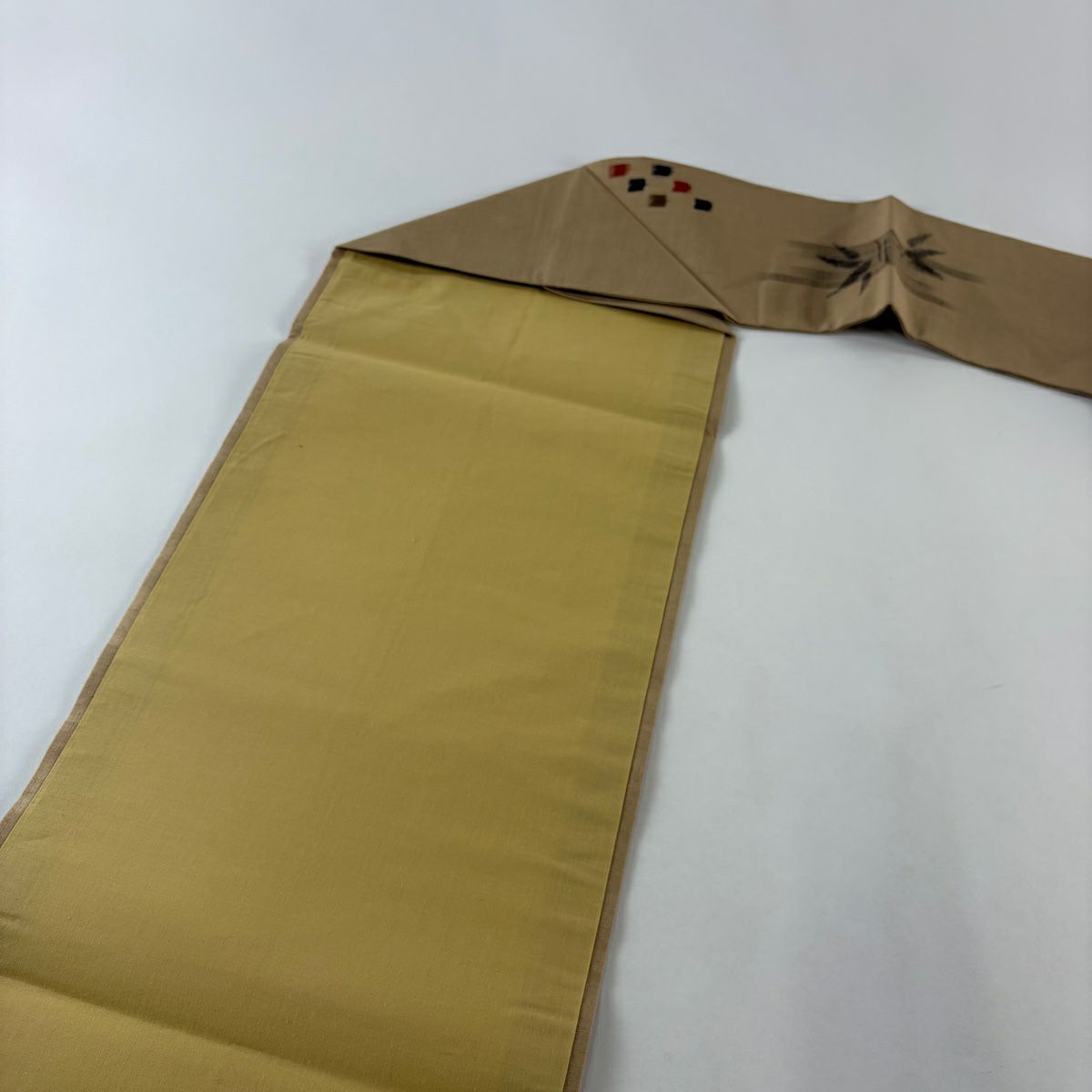 【美品】名古屋帶 優品級 紬織織 竹子子 流水 薄茶 純蠶絲