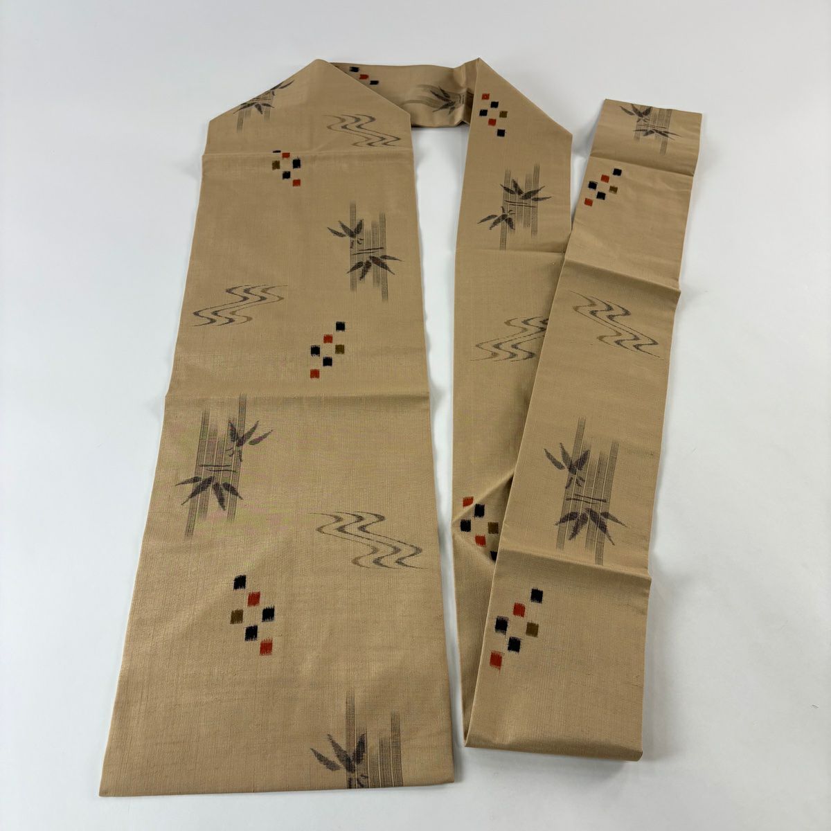 【美品】名古屋帶 優品級 紬織織 竹子子 流水 薄茶 純蠶絲