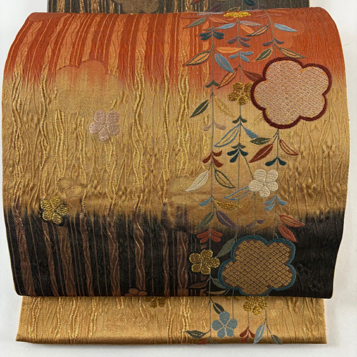 袋帶 秀品級 振袖禮服禮服用 梅花 金金箔 紅茶 六通 純蠶絲