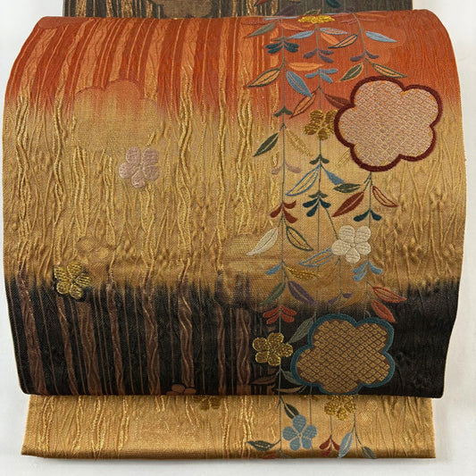 袋帶 秀品級 振袖禮服禮服用 梅花 金金箔 紅茶 六通 純蠶絲