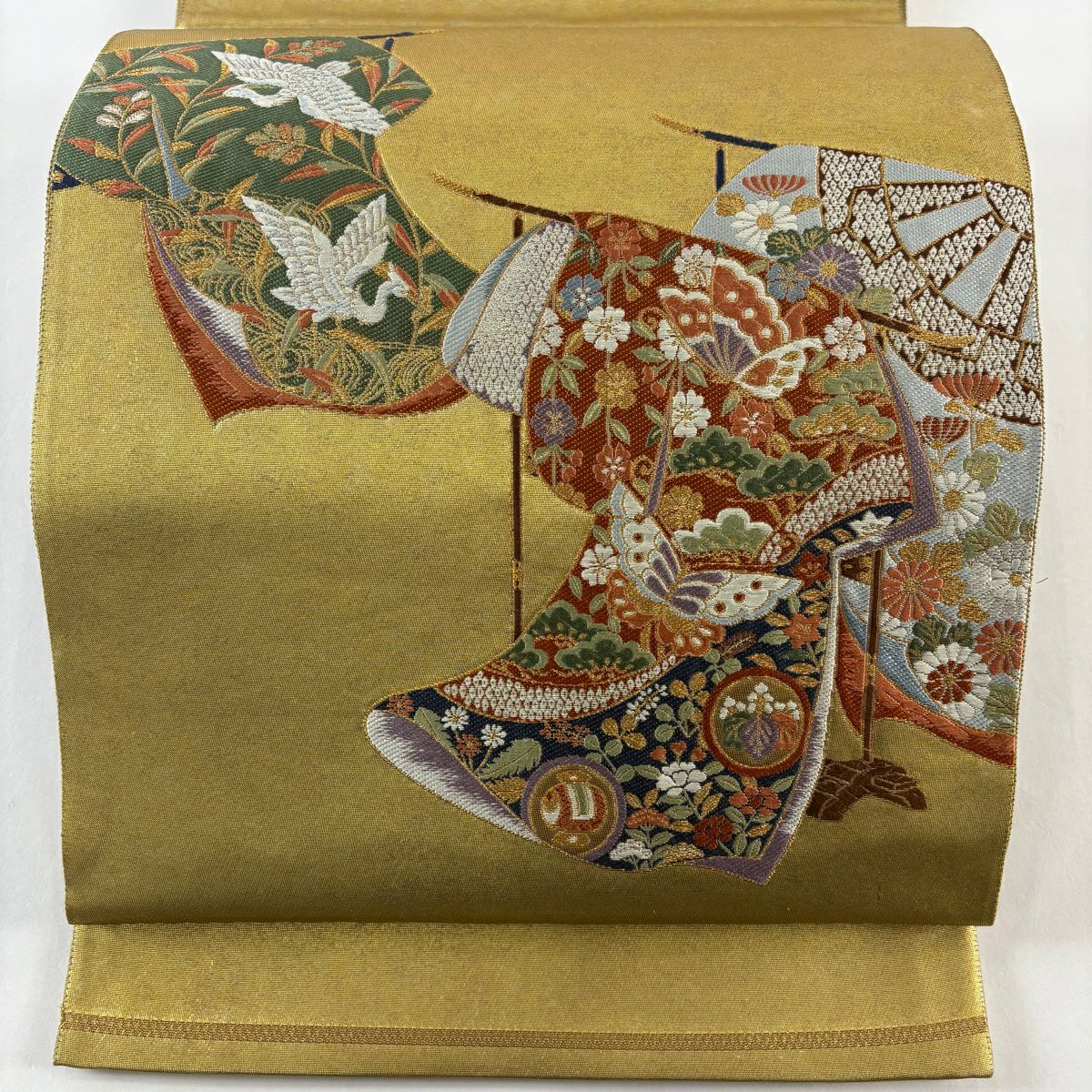 【美品】 袋帶 秀品級 關西仕立 單層 袖口 金金箔 金色 大鼓圖案 純蠶絲