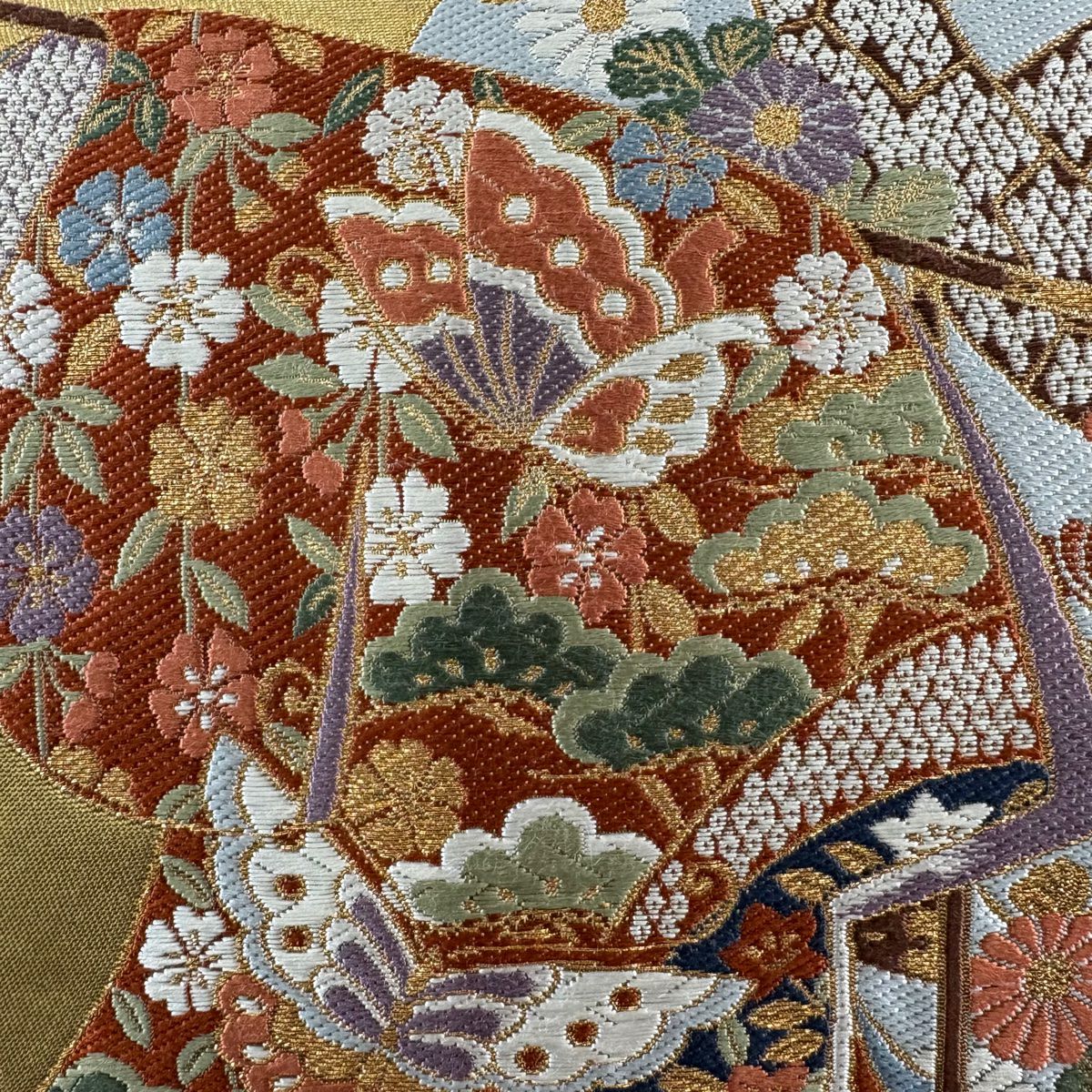 【美品】 袋帶 秀品級 關西仕立 單層 袖口 金金箔 金色 大鼓圖案 純蠶絲