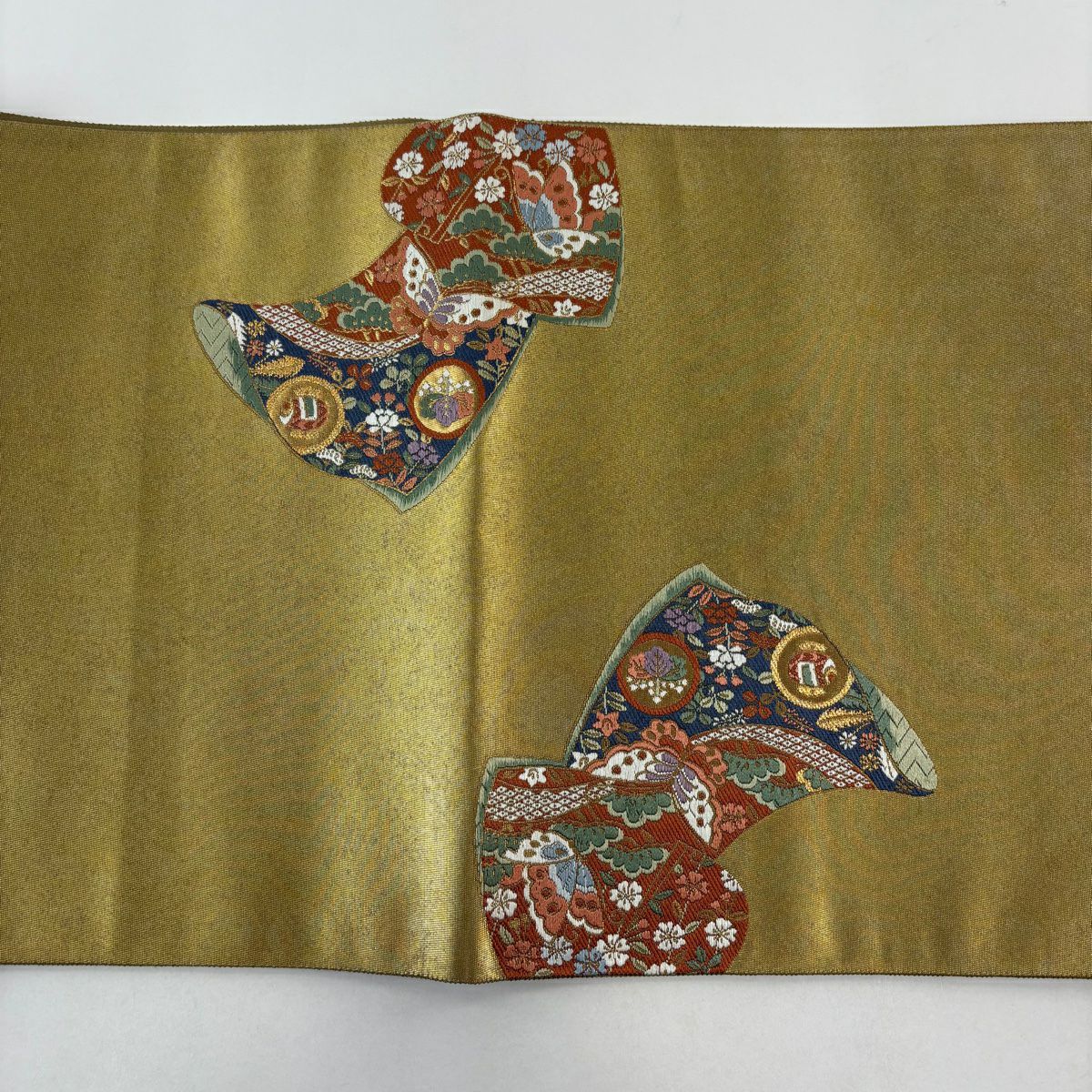 【美品】 袋帶 秀品級 關西仕立 單層 袖口 金金箔 金色 大鼓圖案 純蠶絲