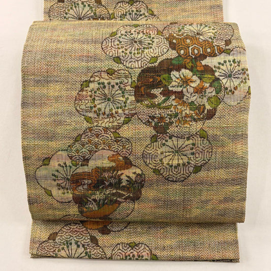 【美品】 開口名古屋帶 優品級 梅花花 有職紋樣 米色 純蠶絲