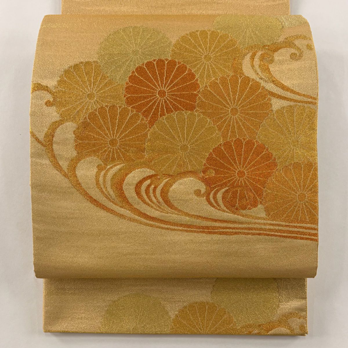 【美品】 袋帶 秀品級 綴織 波濤菊花花紋 金絲 金色 大鼓圖案 純蠶絲