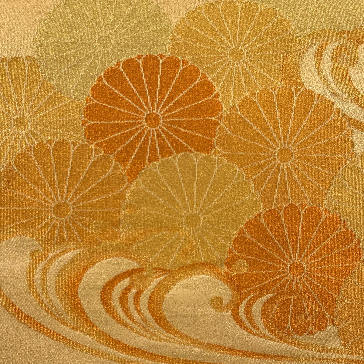 【美品】 袋帶 秀品級 綴織 波濤菊花花紋 金絲 金色 大鼓圖案 純蠶絲