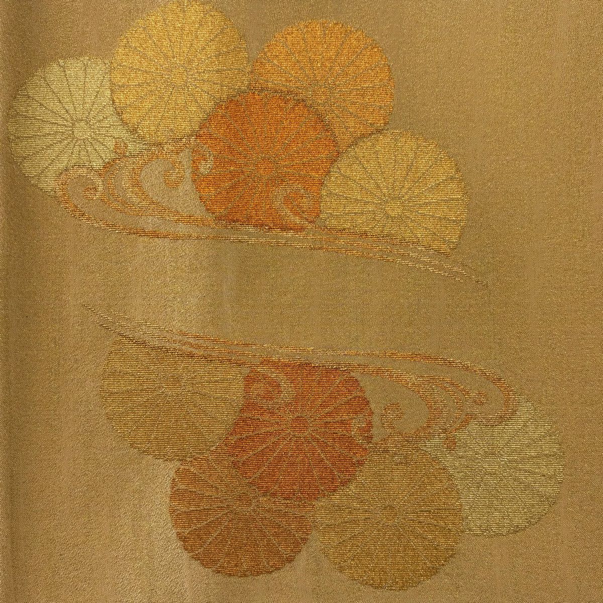 【美品】 袋帶 秀品級 綴織 波濤菊花花紋 金絲 金色 大鼓圖案 純蠶絲
