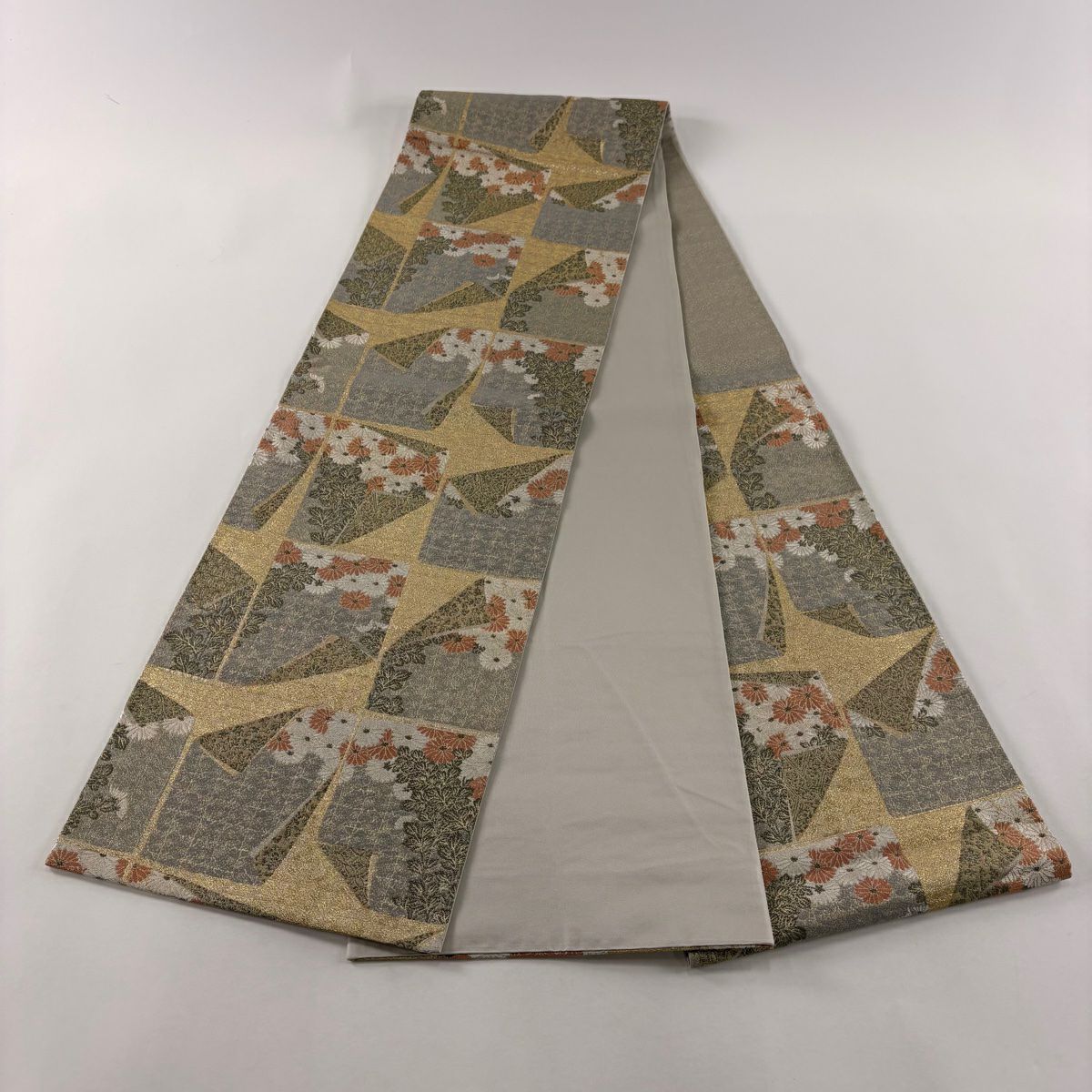 【美品】 袋帶 秀品級 色紙 菊花 金金箔 金色 六通 純蠶絲