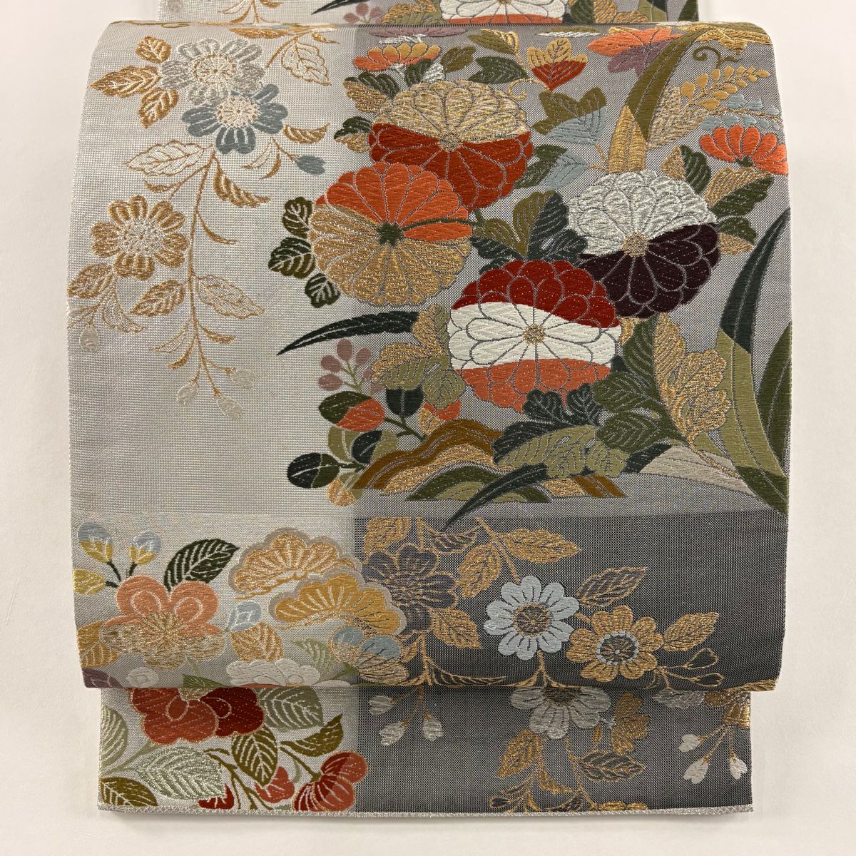 【美品】 袋帶 秀品級 菊花花 櫻花花 金金箔 金銀彩 灰色 六通 純蠶絲
