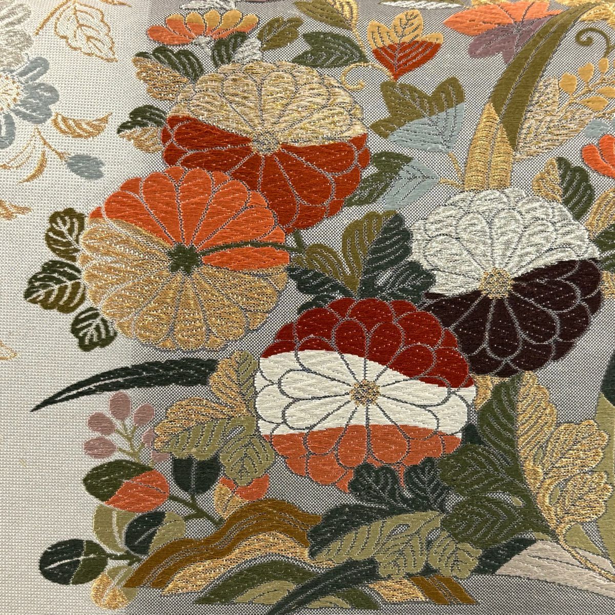 【美品】 袋帶 秀品級 菊花花 櫻花花 金金箔 金銀彩 灰色 六通 純蠶絲