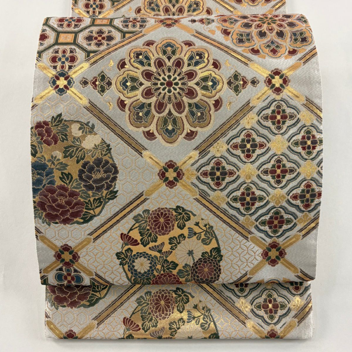 【美品】 袋帶 秀品級 菱格子 花丸紋 金金箔 奶油色 六通 純蠶絲