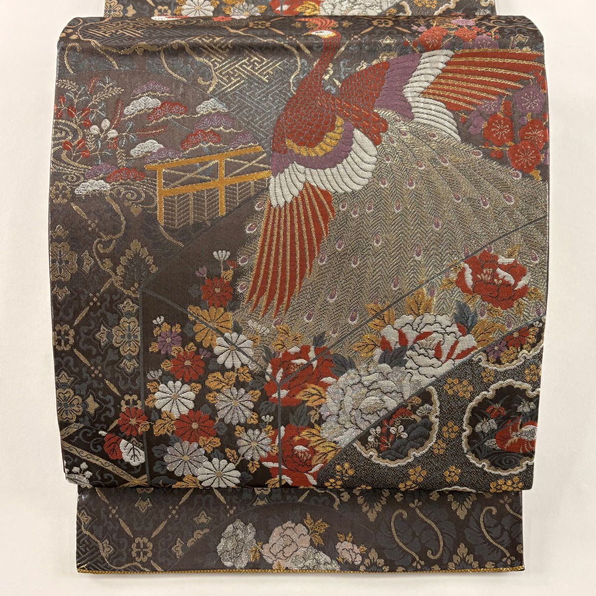 【美品】 袋帶 秀品級 孔雀 牡丹 金金箔 黑灰 六通 純蠶絲