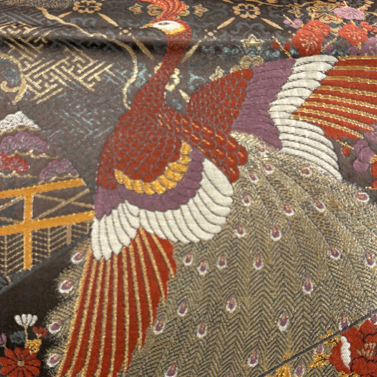 【美品】 袋帶 秀品級 孔雀 牡丹 金金箔 黑灰 六通 純蠶絲