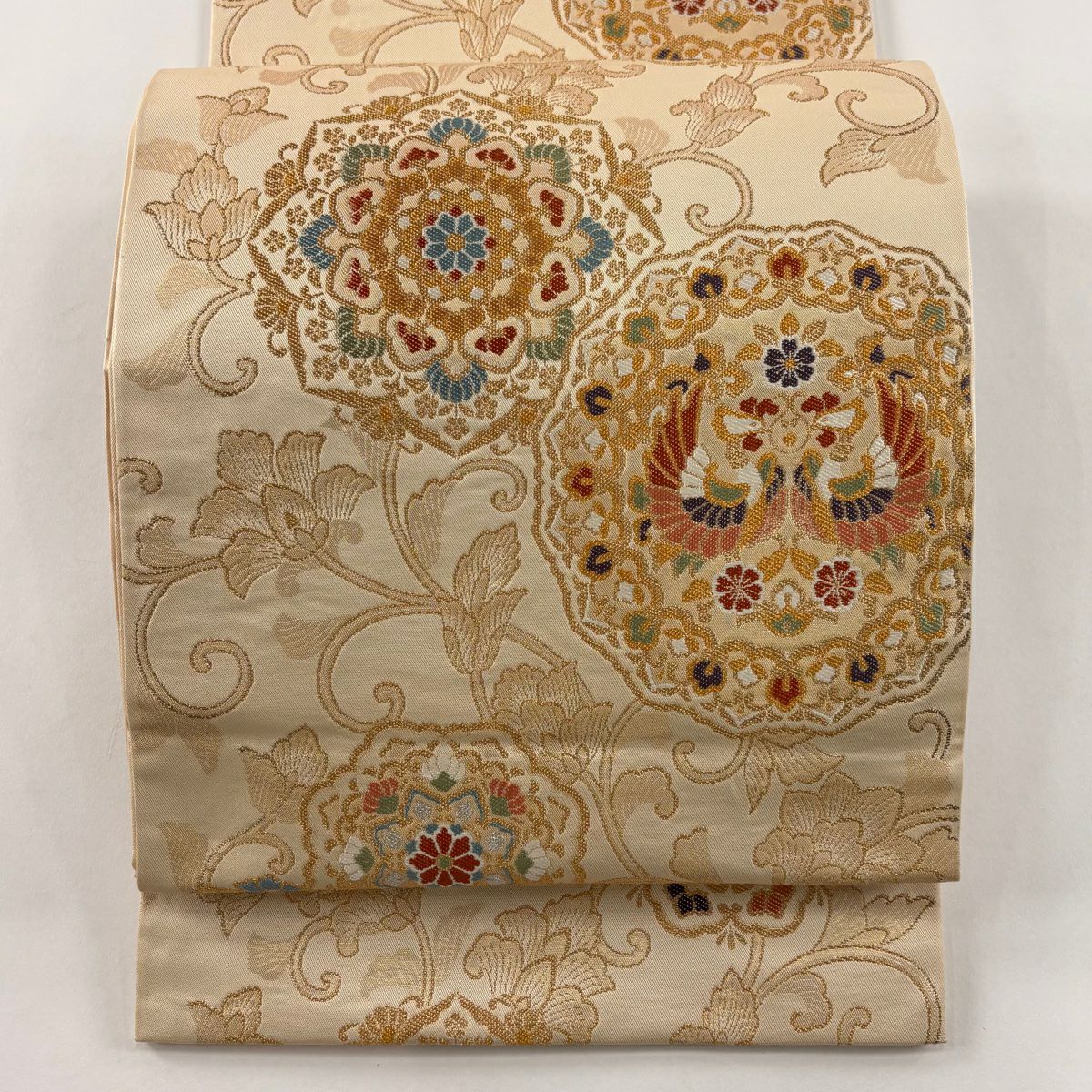 袋帶 秀品級 華紋 鳥 金金箔 金絲 米色 六通 純蠶絲
