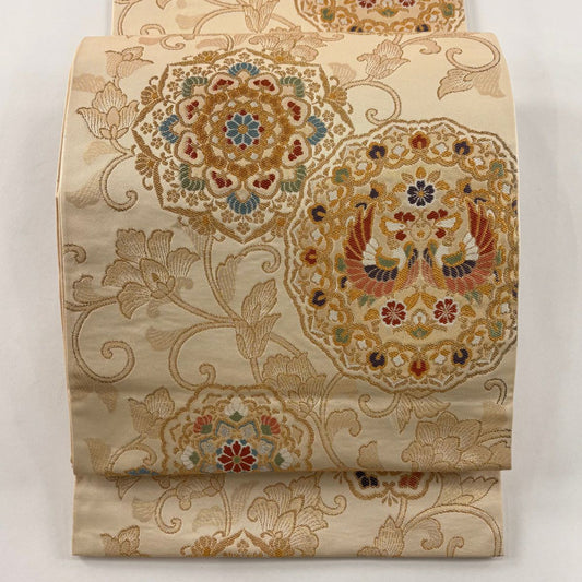 袋帶 秀品級 華紋 鳥 金金箔 金絲 米色 六通 純蠶絲