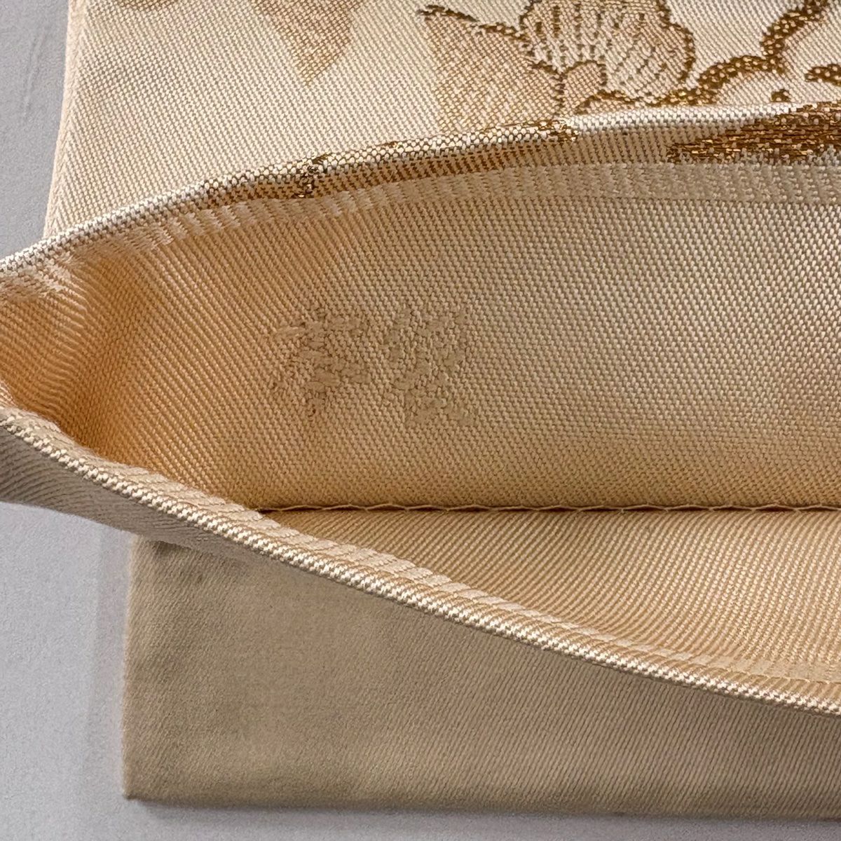 袋帶 秀品級 華紋 鳥 金金箔 金絲 米色 六通 純蠶絲