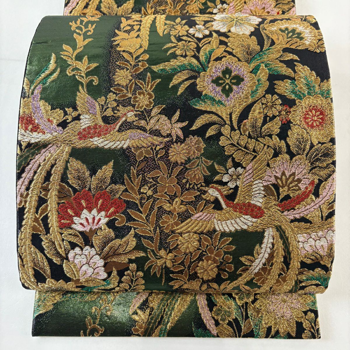 【美品】 袋帶 秀品級 草花紋 鳥 金金箔 金絲 灰綠 六通 純蠶絲