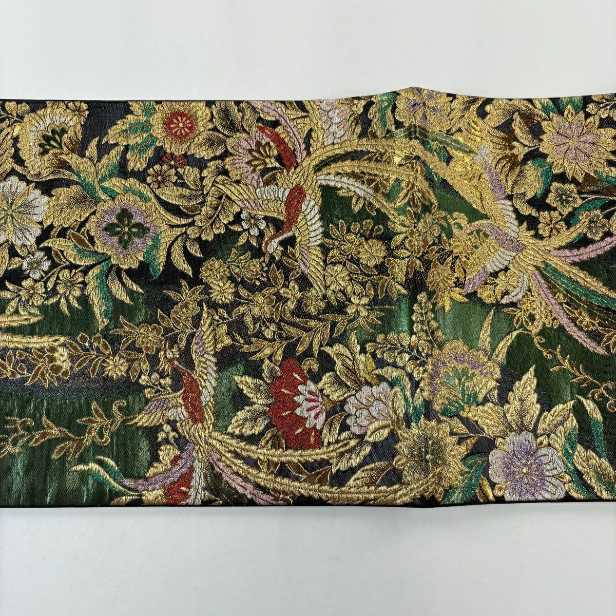 【美品】 袋帶 秀品級 草花紋 鳥 金金箔 金絲 灰綠 六通 純蠶絲