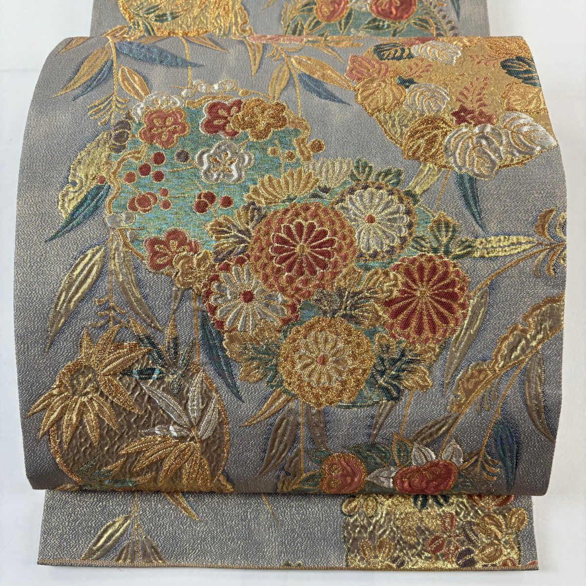【美品】 袋帶 秀品級 關西仕立 花丸紋 草花紋紋 金金箔 金銀彩 青灰 深藍色 六通 純蠶絲