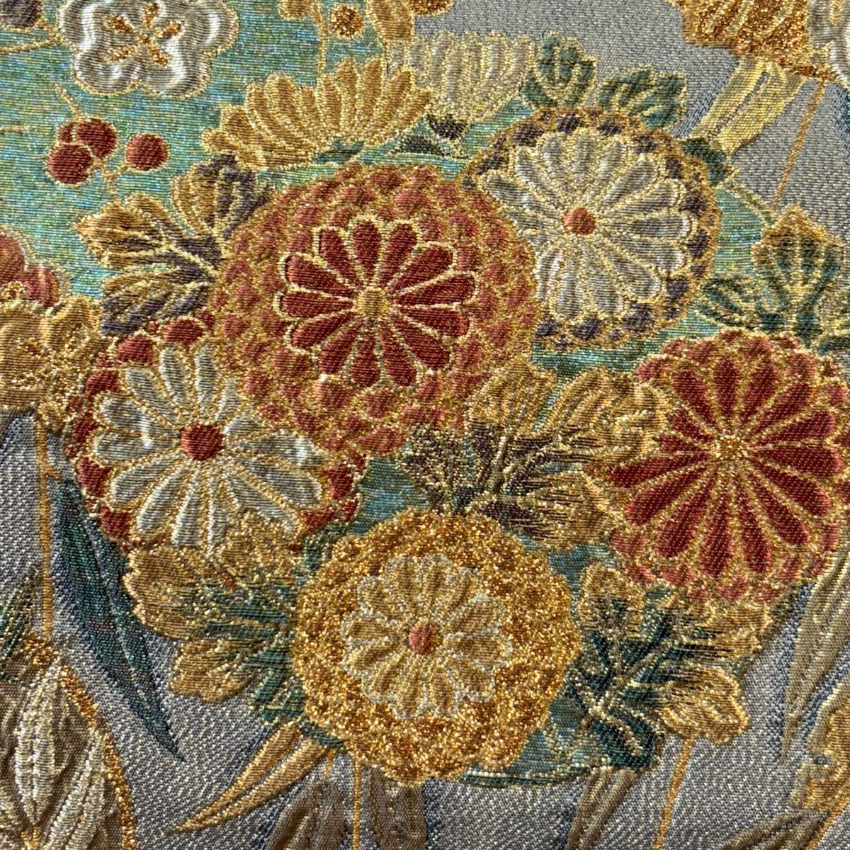 【美品】 袋帶 秀品級 關西仕立 花丸紋 草花紋紋 金金箔 金銀彩 青灰 深藍色 六通 純蠶絲
