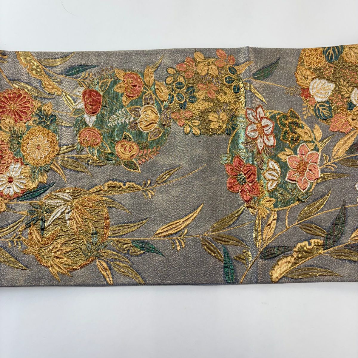 【美品】 袋帶 秀品級 關西仕立 花丸紋 草花紋紋 金金箔 金銀彩 青灰 深藍色 六通 純蠶絲