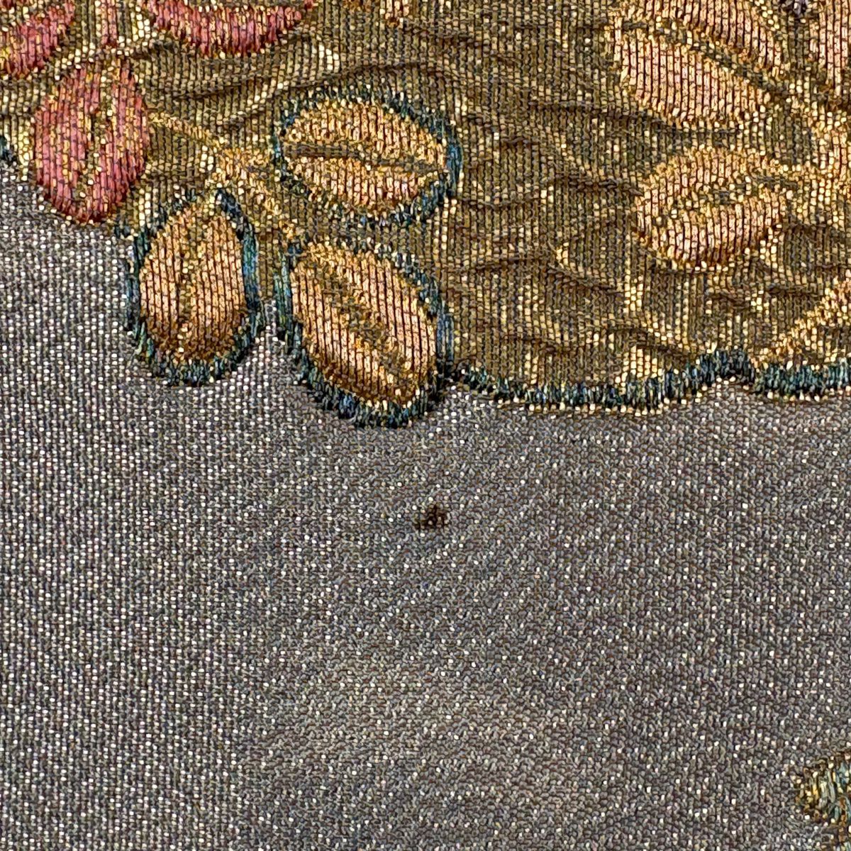【美品】 袋帶 秀品級 關西仕立 花丸紋 草花紋紋 金金箔 金銀彩 青灰 深藍色 六通 純蠶絲