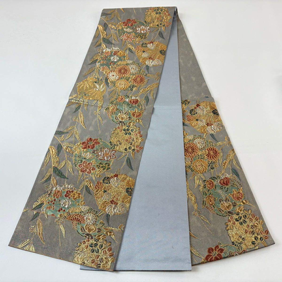 【美品】 袋帶 秀品級 關西仕立 花丸紋 草花紋紋 金金箔 金銀彩 青灰 深藍色 六通 純蠶絲