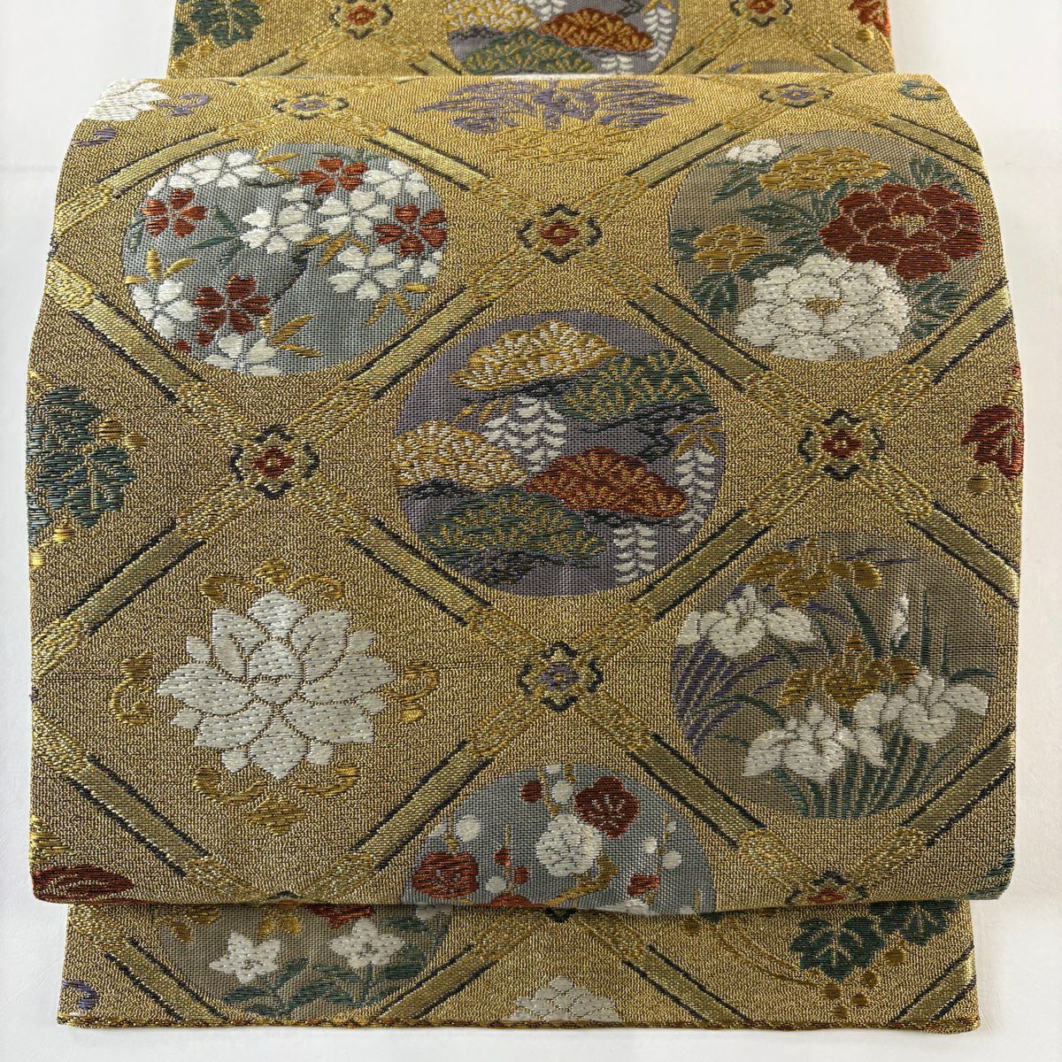 【美品】 袋帶 秀品級 關西仕立 草花紋 斜格紋 金金箔 金絲 金 六通 純蠶絲