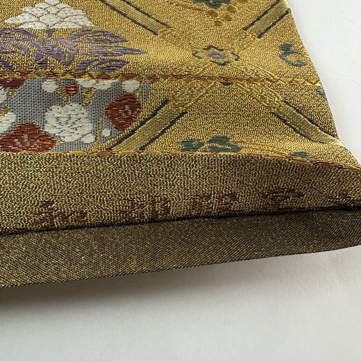 【美品】 袋帶 秀品級 關西仕立 草花紋 斜格紋 金金箔 金絲 金 六通 純蠶絲