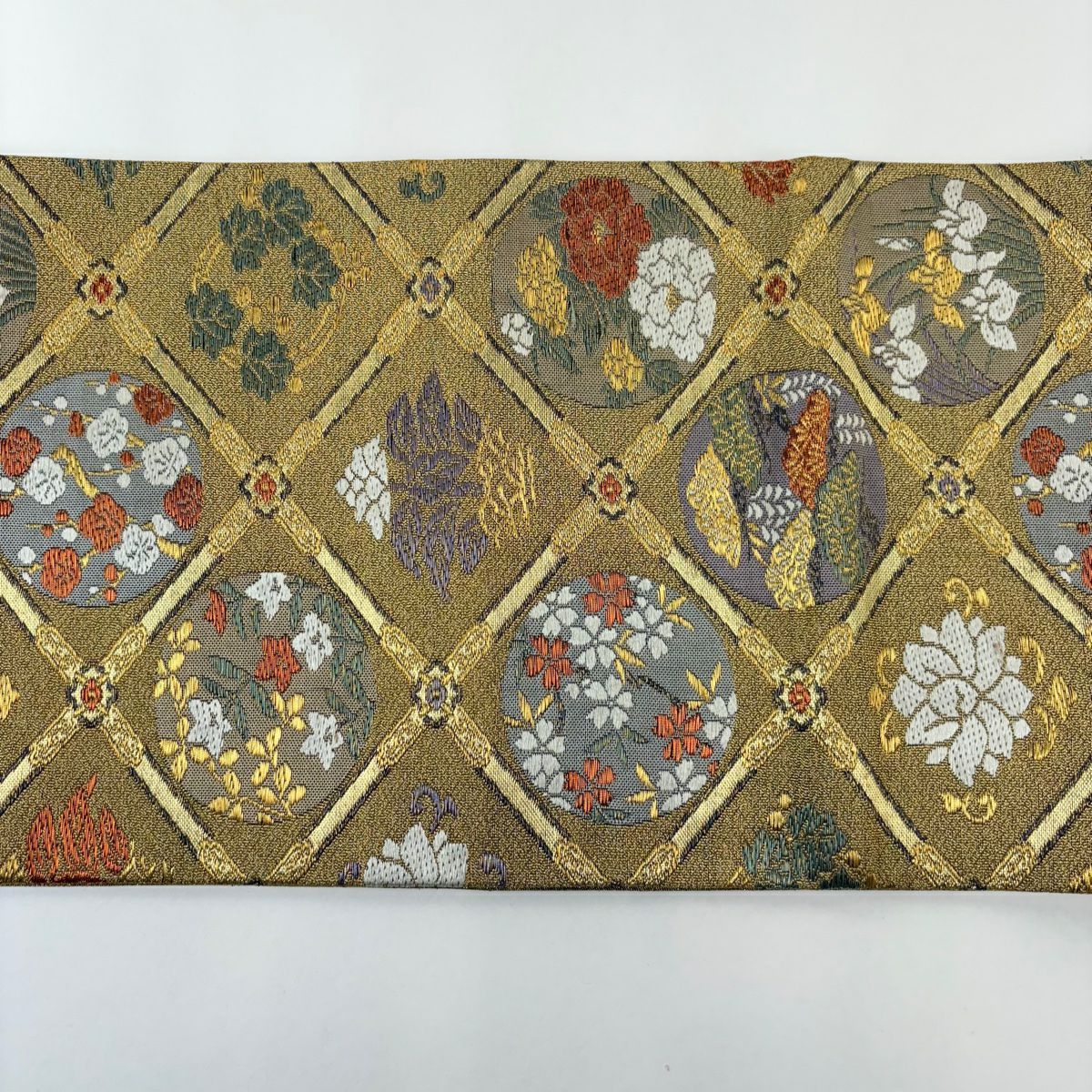 【美品】 袋帶 秀品級 關西仕立 草花紋 斜格紋 金金箔 金絲 金 六通 純蠶絲